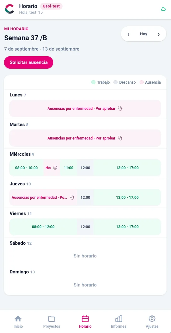Horario semanal en Colorario con trabajo, descansos y ausencias visibles