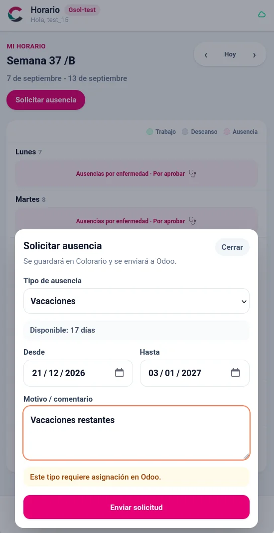 Solicitud de vacaciones en Colorario con tipo, saldo disponible y periodo