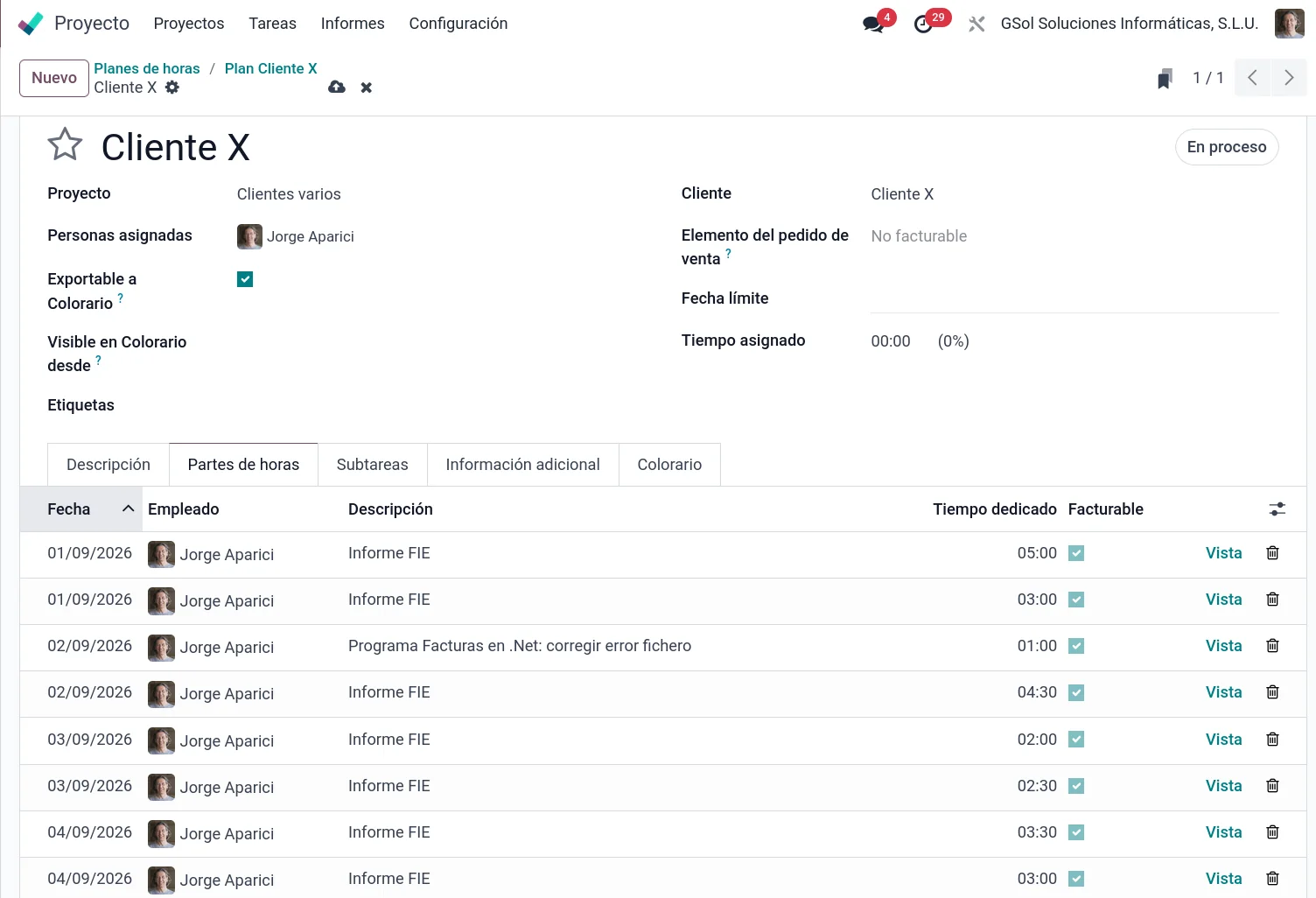 Periodo de plan de horas en Odoo con partes imputados y horas consumidas