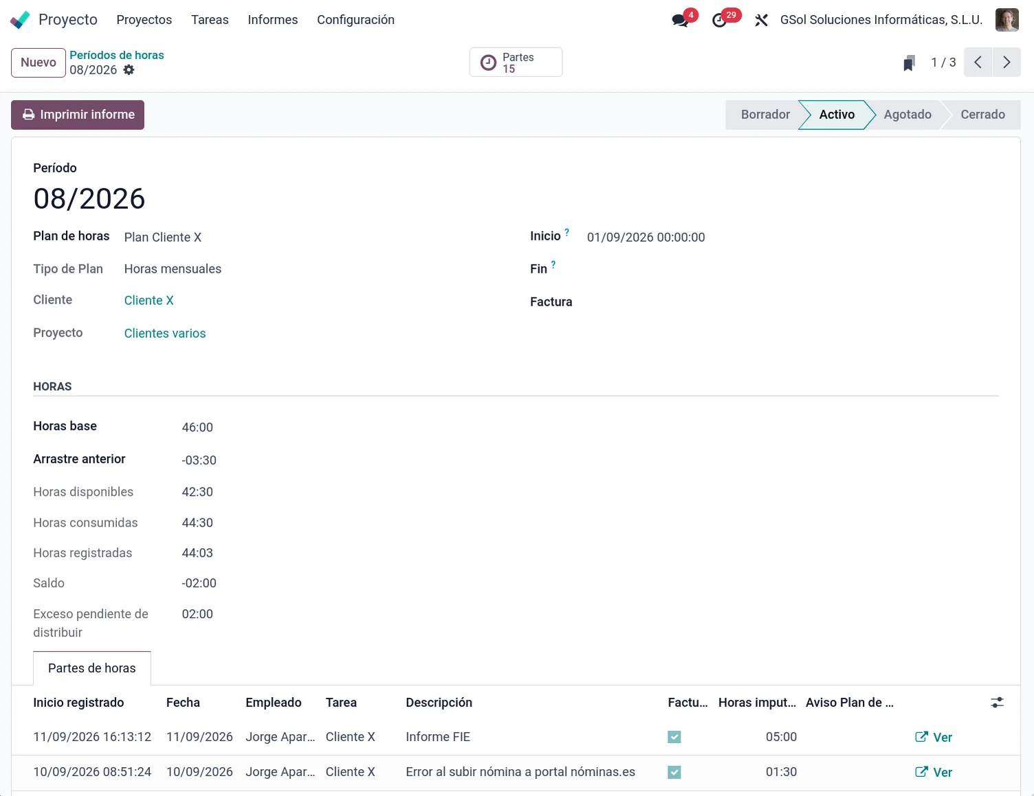 Plan de horas Odoo con periodos, horas mensuales, saldo y partes asociados
