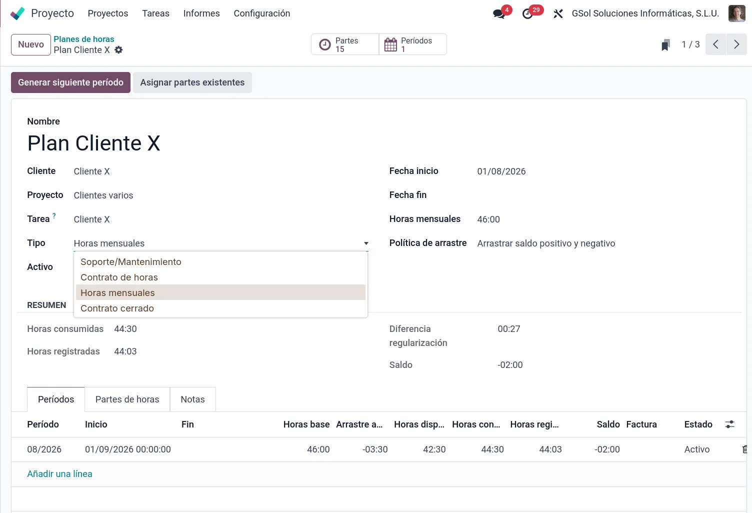 Plan de horas de Odoo con los tipos soporte, contrato de horas, mensual y cerrado