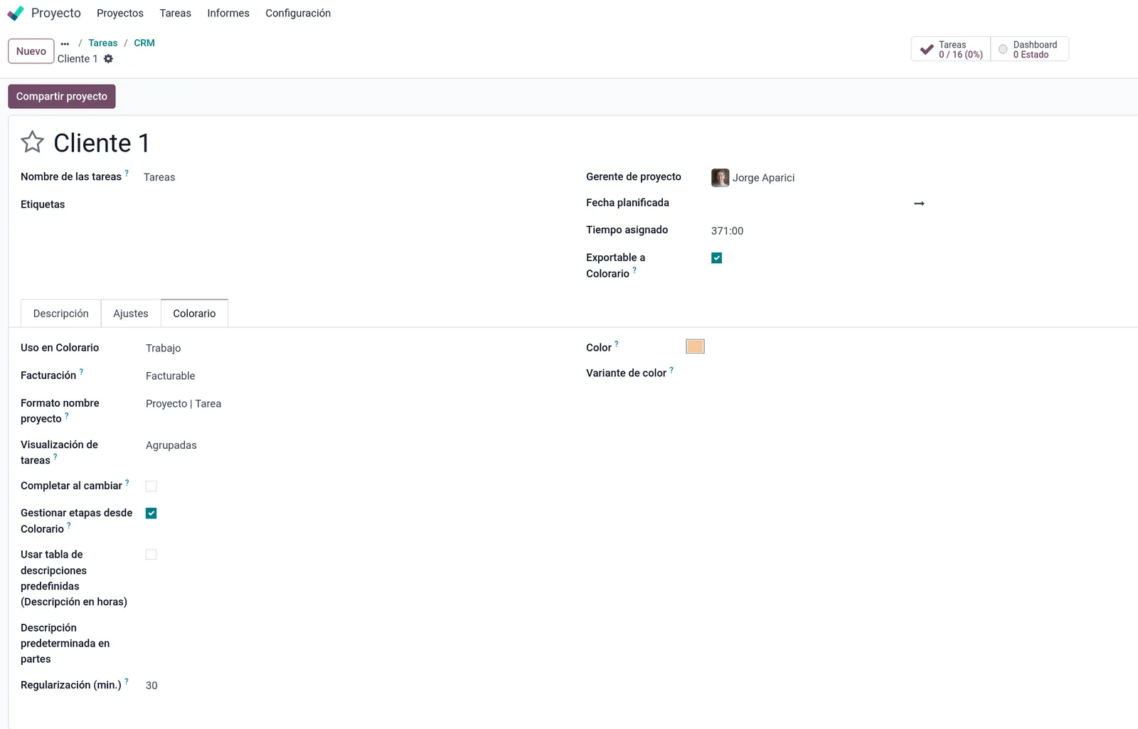 Proyecto de Odoo con pestaña Colorario y opción de exportarlo a Colorario