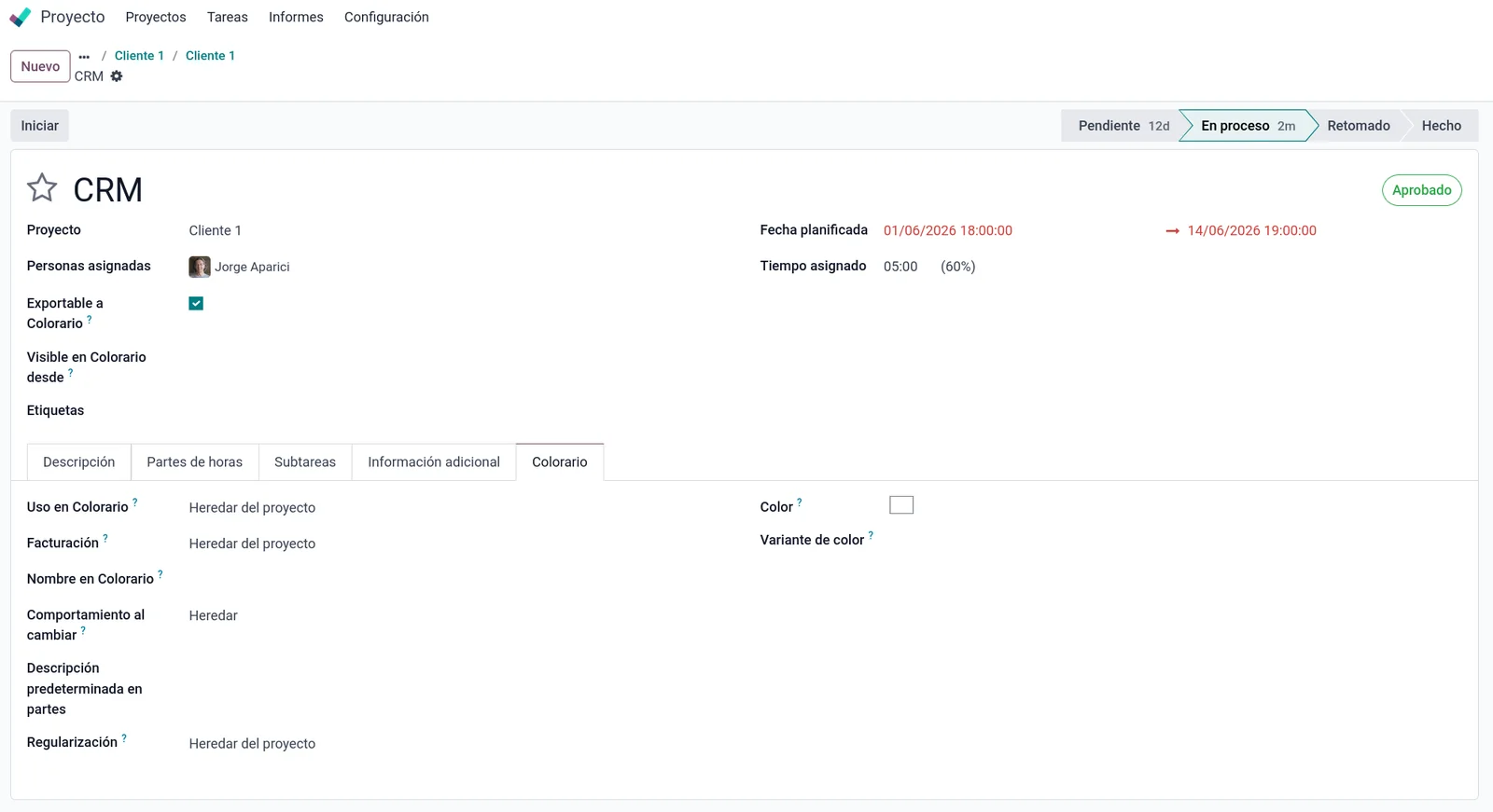 Tarea de Odoo con pestaña Colorario, opciones de trabajo, facturación y formato