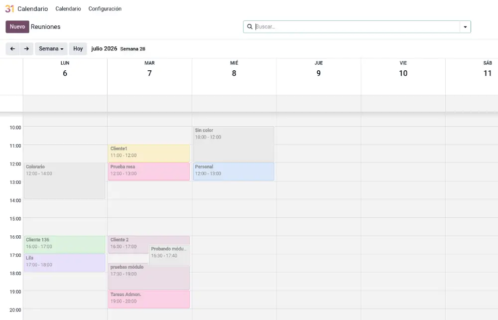 Vista semanal del calendario de Odoo con actividades y tareas planificadas