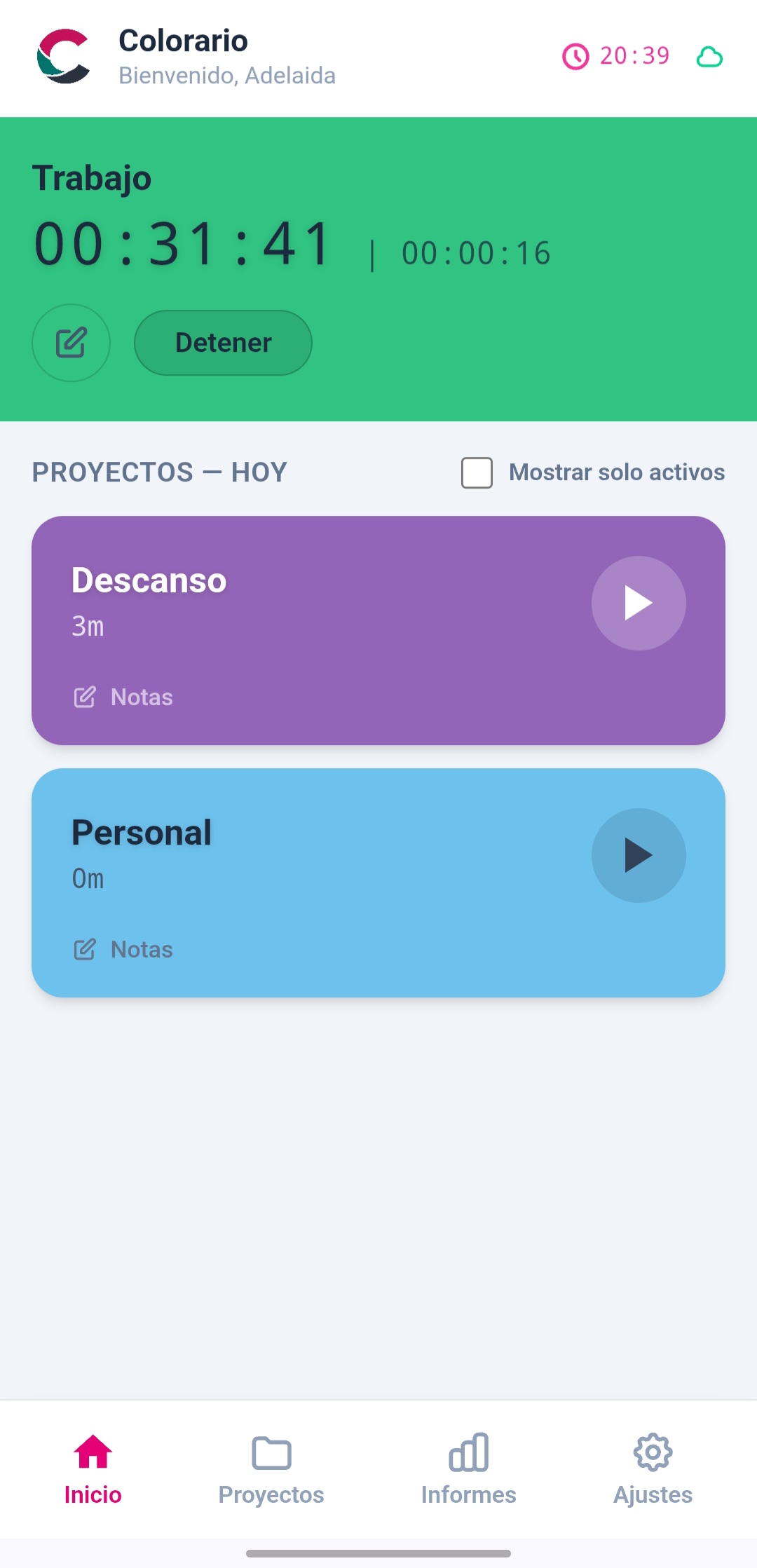 Pantalla de Colorario con control horario, proyectos, descansos e informes